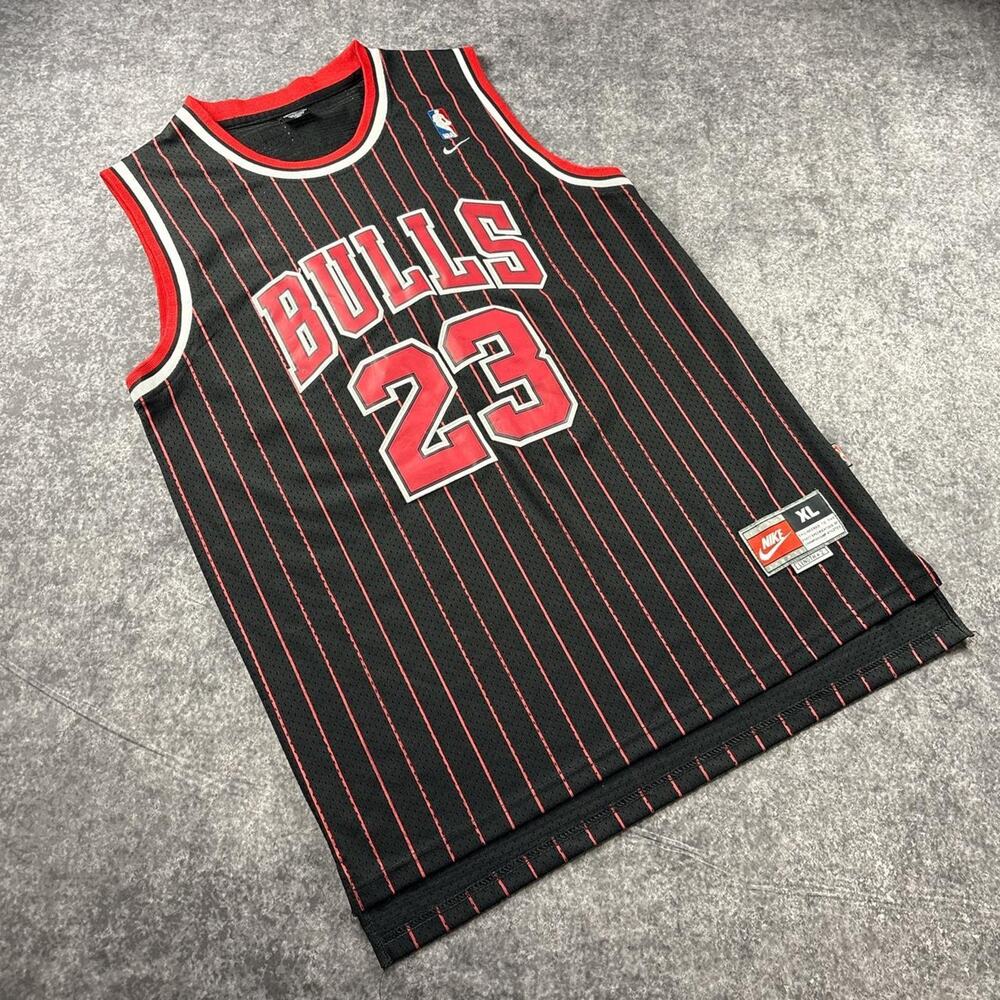 Nike Michael Jordan 23 Chicago Bulls Black Pinstripe Swingman Jersey Men’s XL